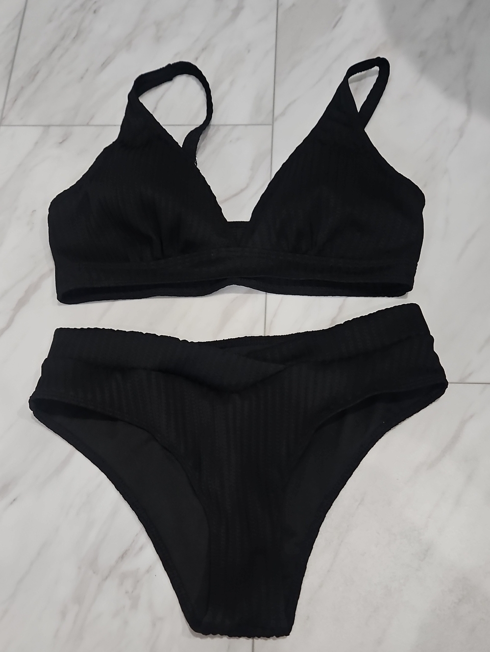 NWOT Black Ribbed V-Neck Bikini Set